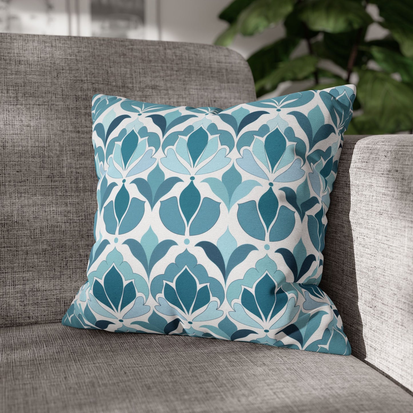 Serene Floral Pattern in Shades of Aqua and Teal, Forming Graceful Botanical Motifs Spun Polyester Square Pillowcase 4 Sizes