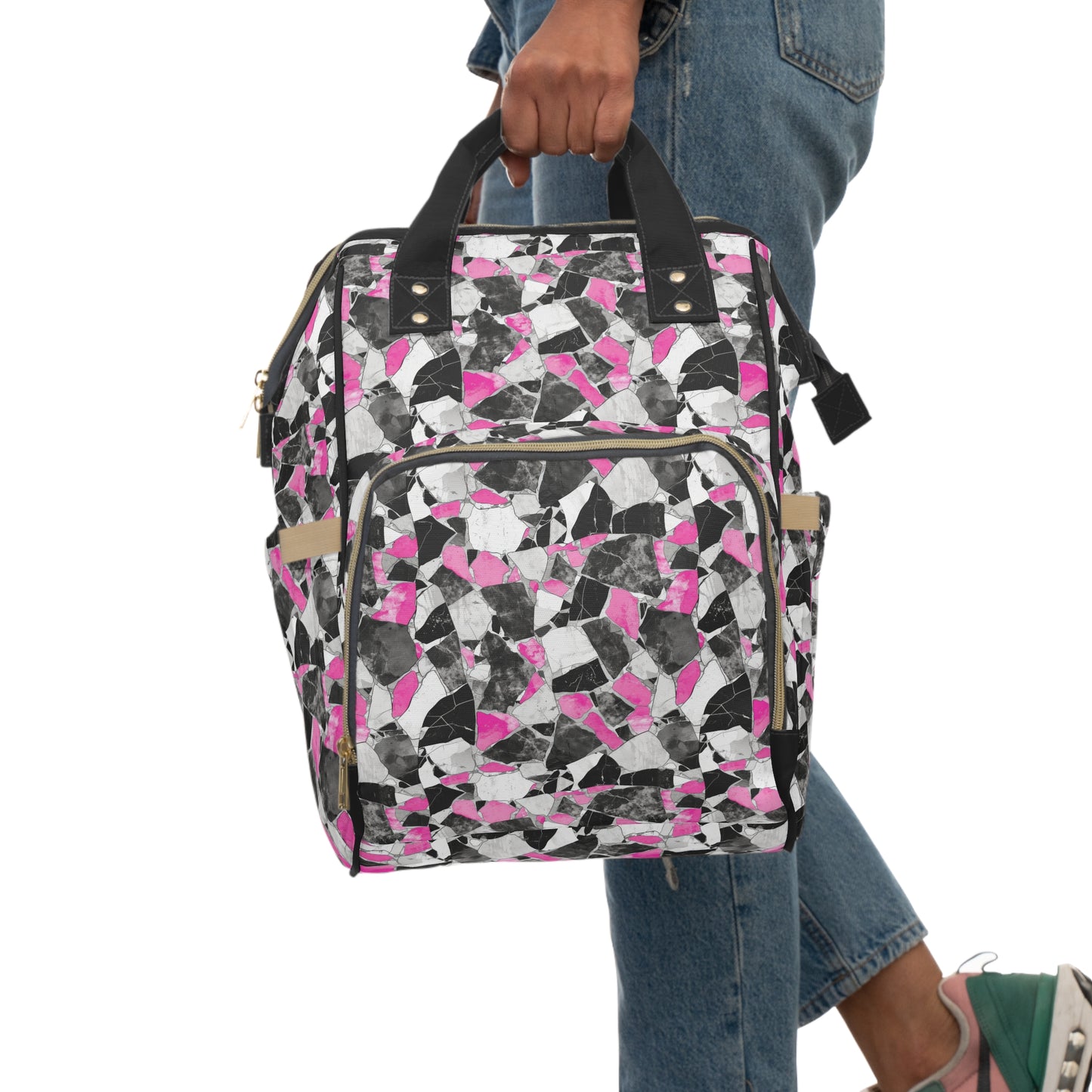 Chic Pink and Gray Mosaic Design Multifunctional Diaper Backpack