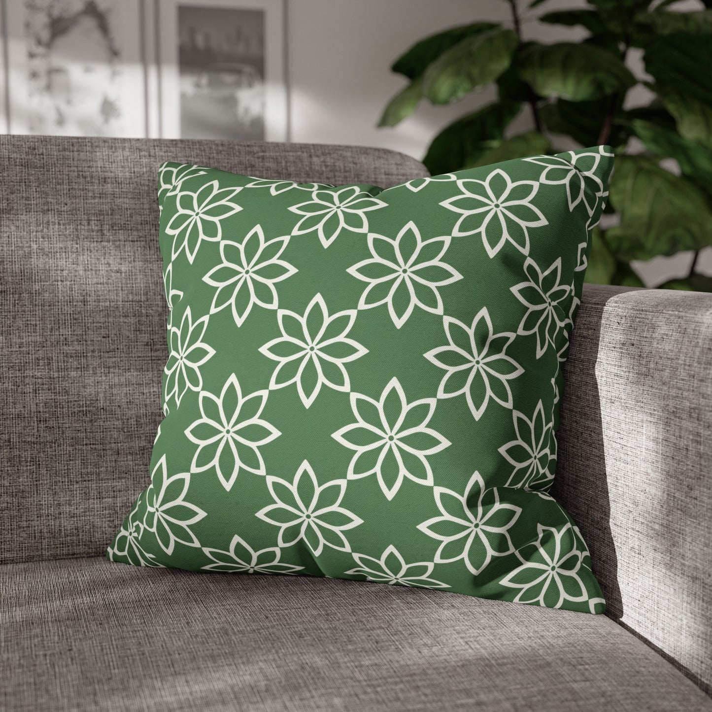 Modern Minimalist Green and White Geometric Floral Design Spun Polyester Square Pillowcase 4 Sizes