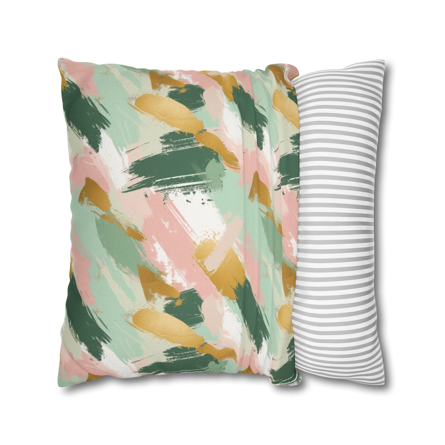 Spring Brushstrokes Abstract in Light Green, Pink, and Gold Spun Polyester Square Pillowcase 4 Sizes