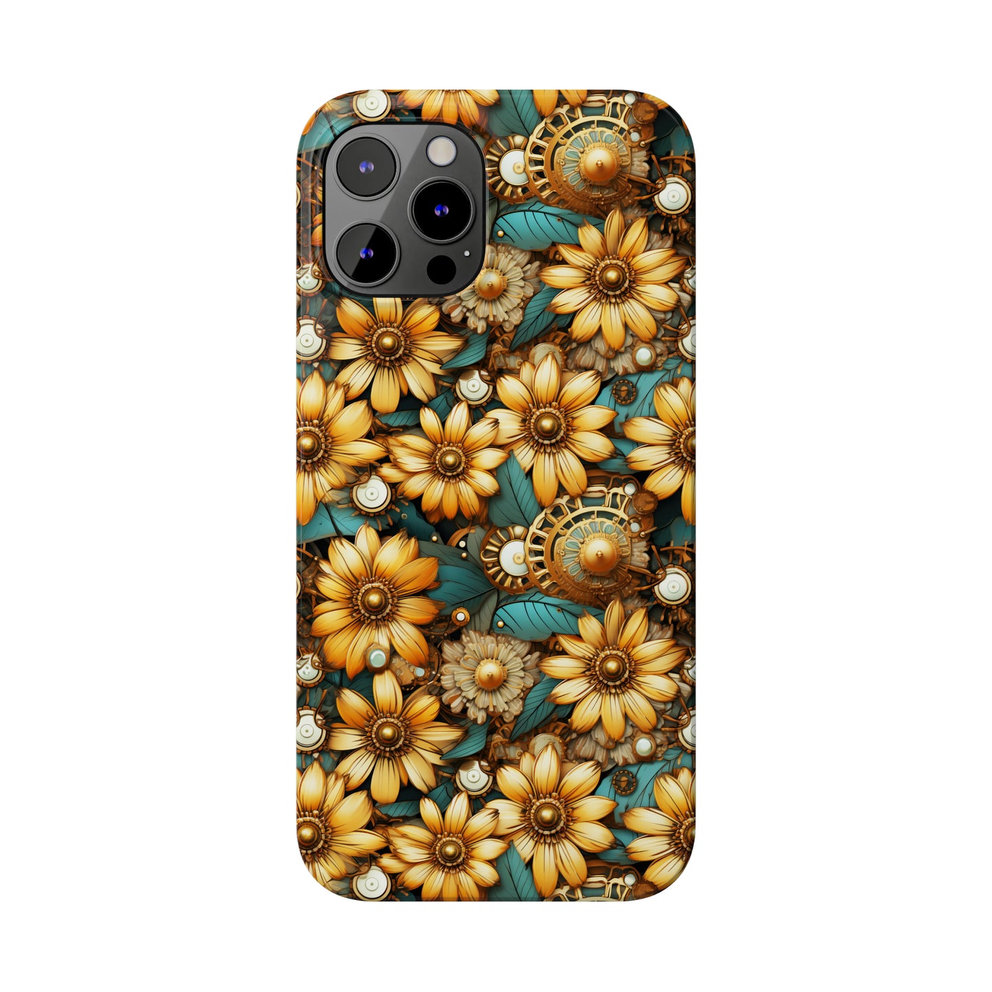 Victorian Steampunk Gold Flowers Teal Background with Gears and Mechanical Elements Iphone 15-12 Slim Phone Case