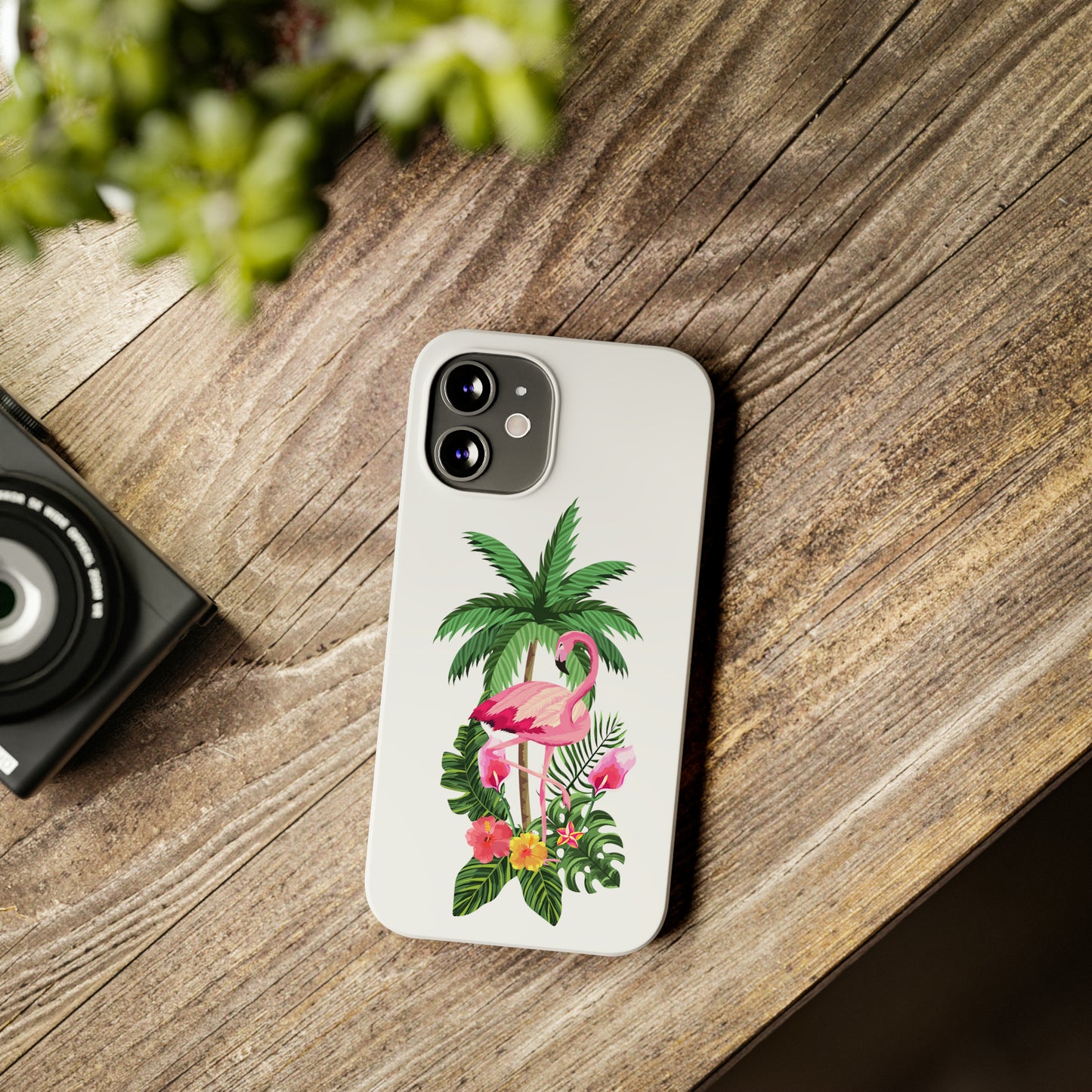 Tropical Pink Flamingo and Flowers White Background Iphone 15-12 Slim Phone Case