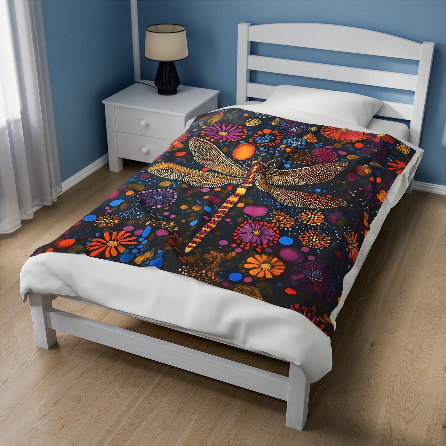 Vibrant Dragonfly Amidst a Kaleidoscope of Dot-Painted Blooms Velveteen Plush Blanket 3 Sizes