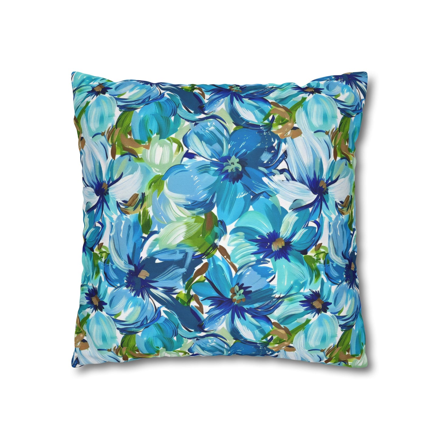 Large Blue Watercolor Flowers with Gentle Accents of Brown and Green Spun Polyester Square Pillowcase 4 Sizes