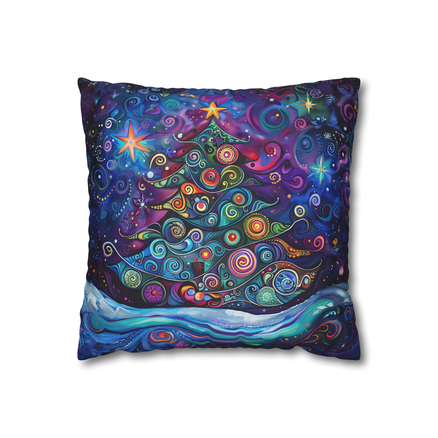 Christmas Tree in Magical Purple Hues, Sparkling Amidst Vibrant Stars Spun Polyester Square Pillowcase 4 Sizes