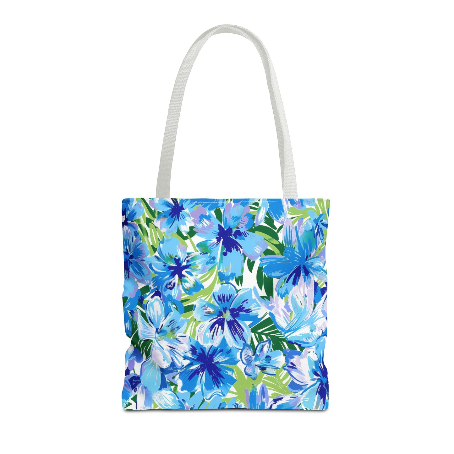 Azure Bloom Oasis: Bright Blue Large Flowers with Lush Green Palm Leaves  Canvas Tote Bag 3 Sizes