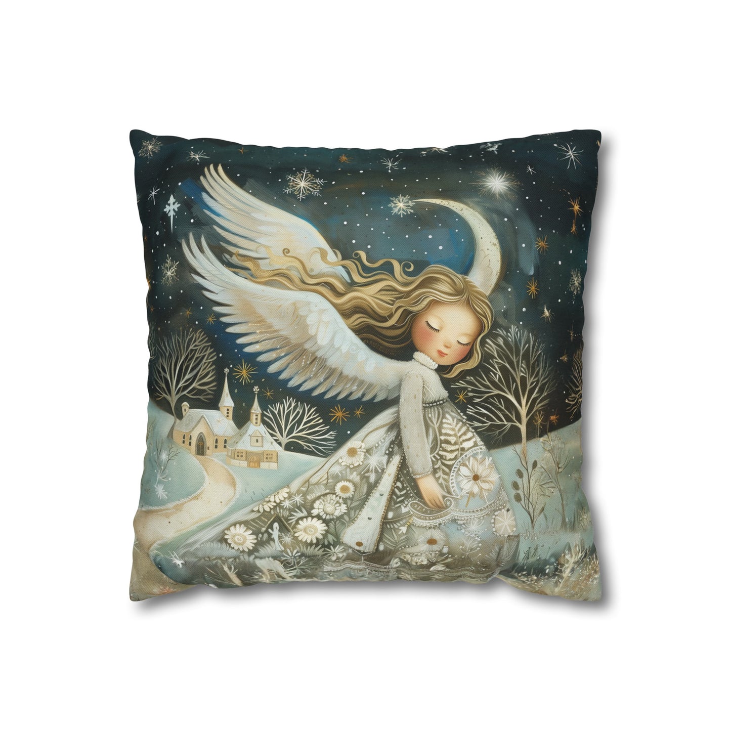 Guardian of Bloom: Young Angel in Floral Dress Amidst a Quaint Village Spun Polyester Square Pillowcase 4 Sizes