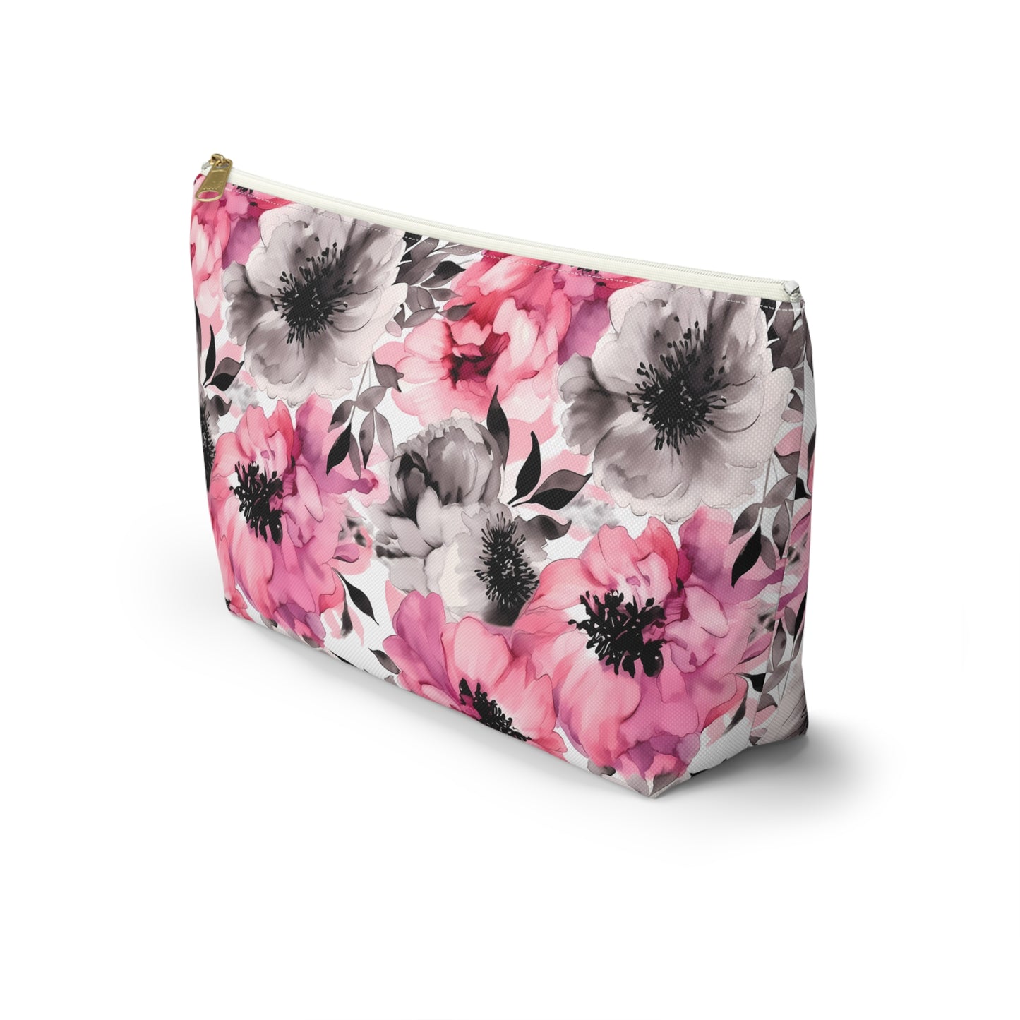 Graceful Elegance: Large Pink and Grey Watercolor Flower Design - Makeup & Accessory Bag 2 Sizes