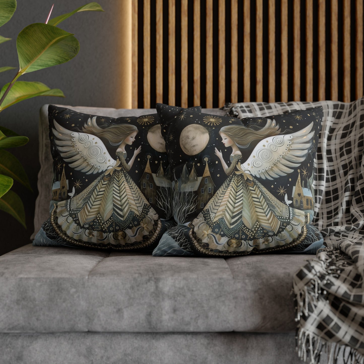 Frosty Angelic Glow: Angel Illuminated by Moonlight on a Snowy Night Spun Polyester Square Pillowcase 4 Sizes