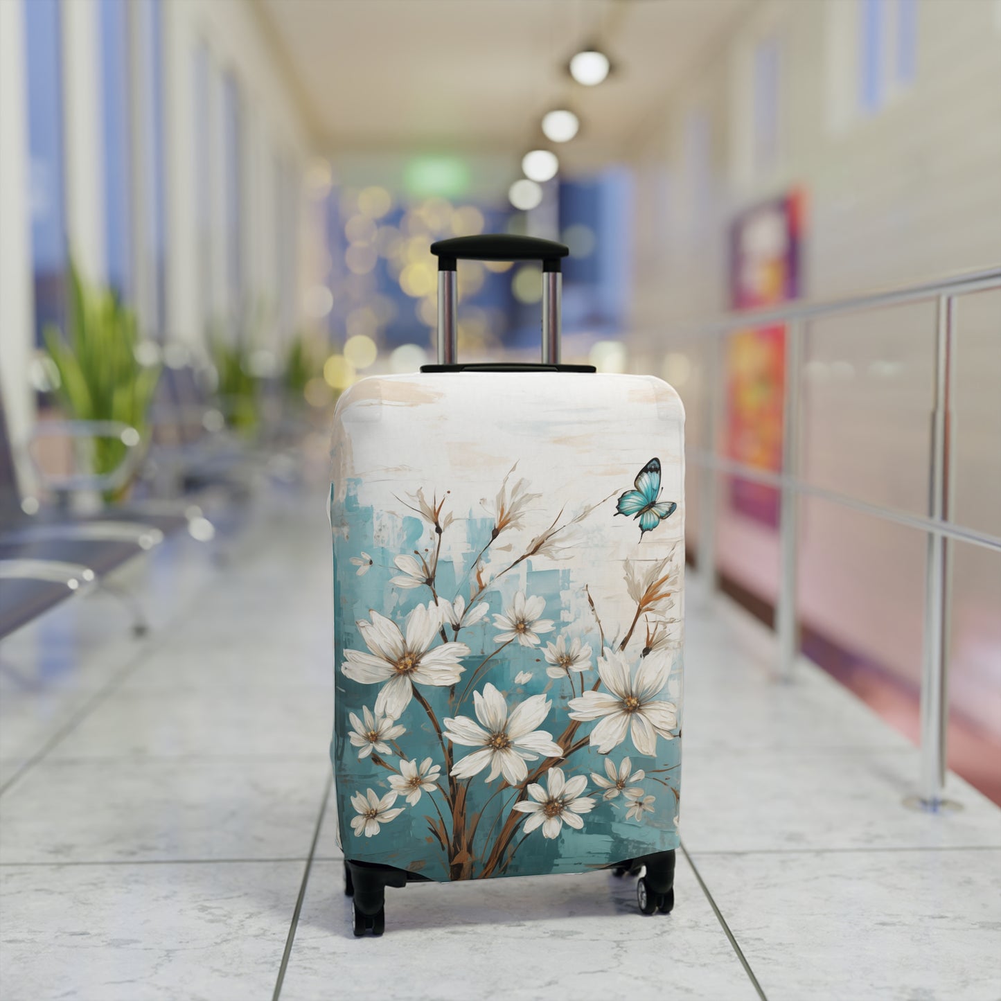 Rustic Farmhouse White and Teal Wild Daisies and Butterflies  - Luggage Protector and Cover 3 Sizes