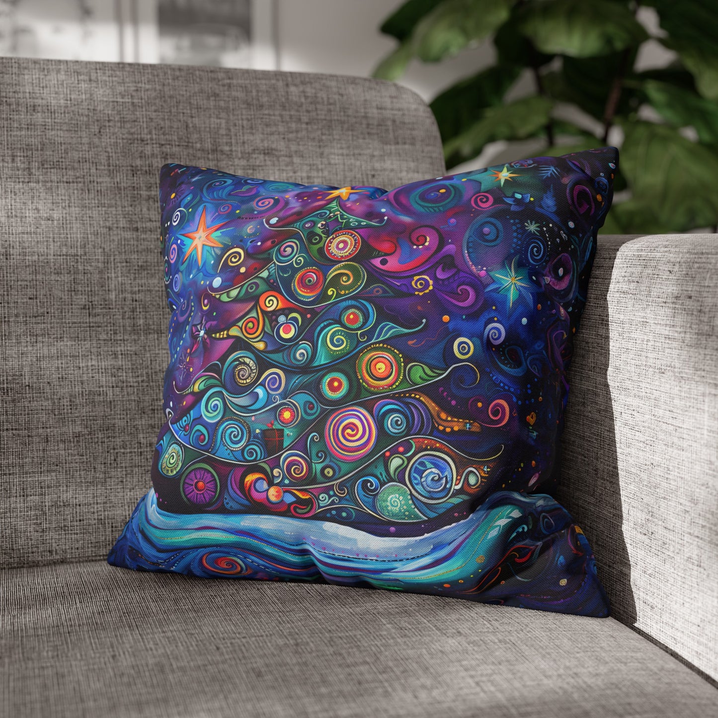 Christmas Tree in Magical Purple Hues, Sparkling Amidst Vibrant Stars Spun Polyester Square Pillowcase 4 Sizes