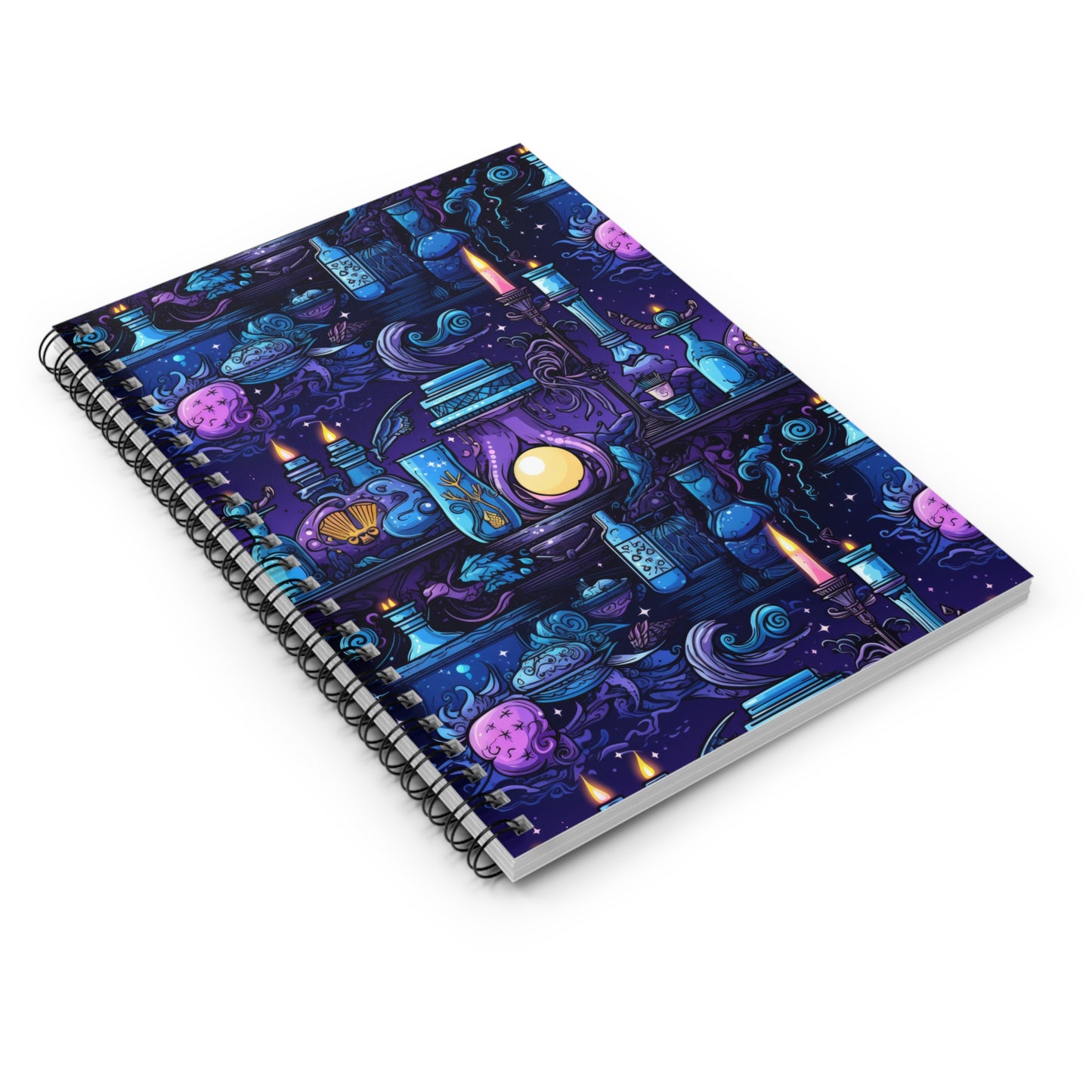 Mystical Brews and Enchantments: Purple and Blue Glowing Candles Set the Scene- Spiral Ruled Line Notebook 6"x8"