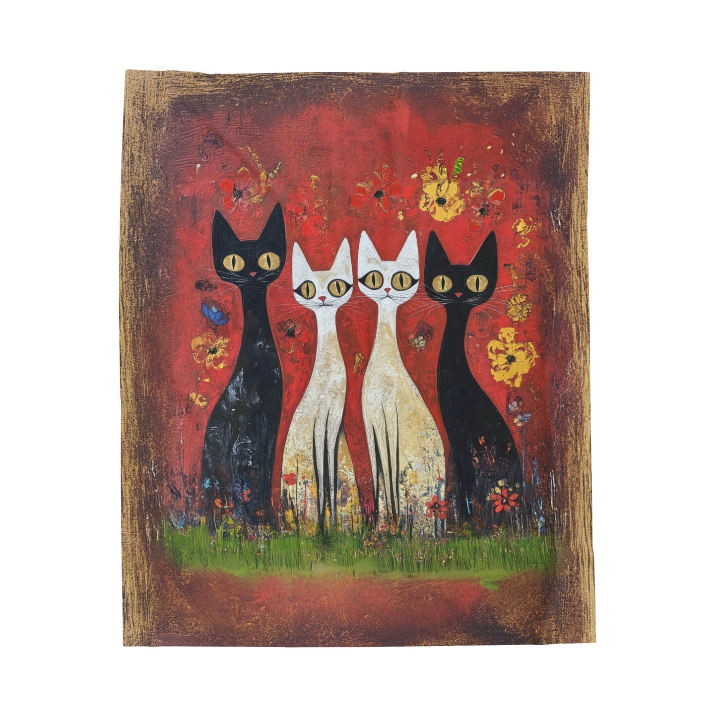 Whimsical Feline Quartet of Vibrant Hand-Painted Cats Velveteen Plush Blanket 3 Sizes