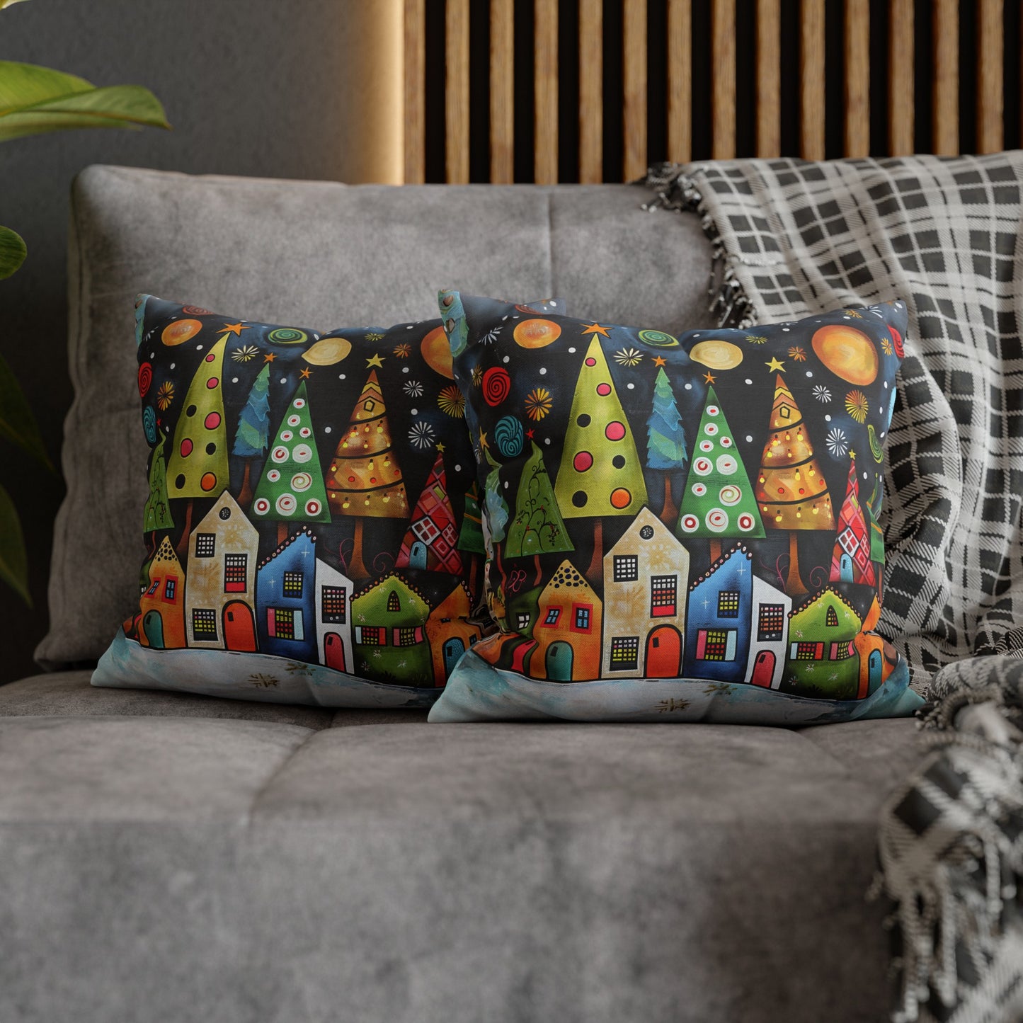 Holiday Haven: Abstract Folk Art Christmas Village Adorned with Christmas Trees Scene Spun Polyester Square Pillowcase 4 Sizes