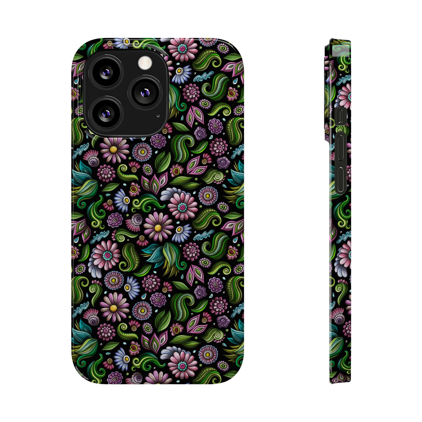 Purple & Pink Daisy Floral Print on Black Background Iphone 15-12 Slim Phone Case