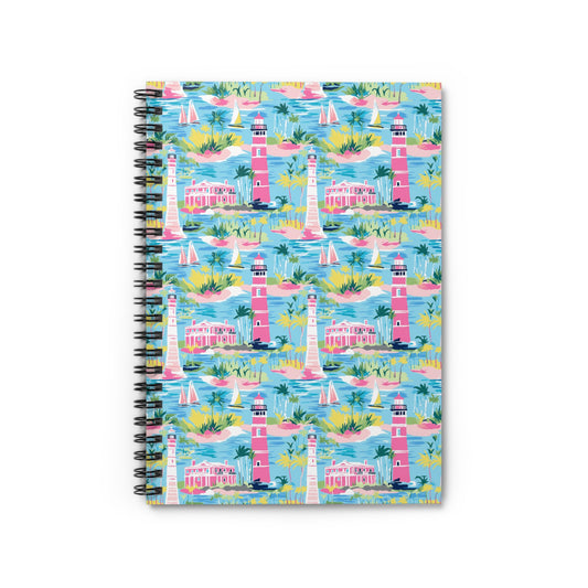 Coastal Charms: Sailboats and Lighthouses Adorning the Coastline Spiral Ruled Line Notebook