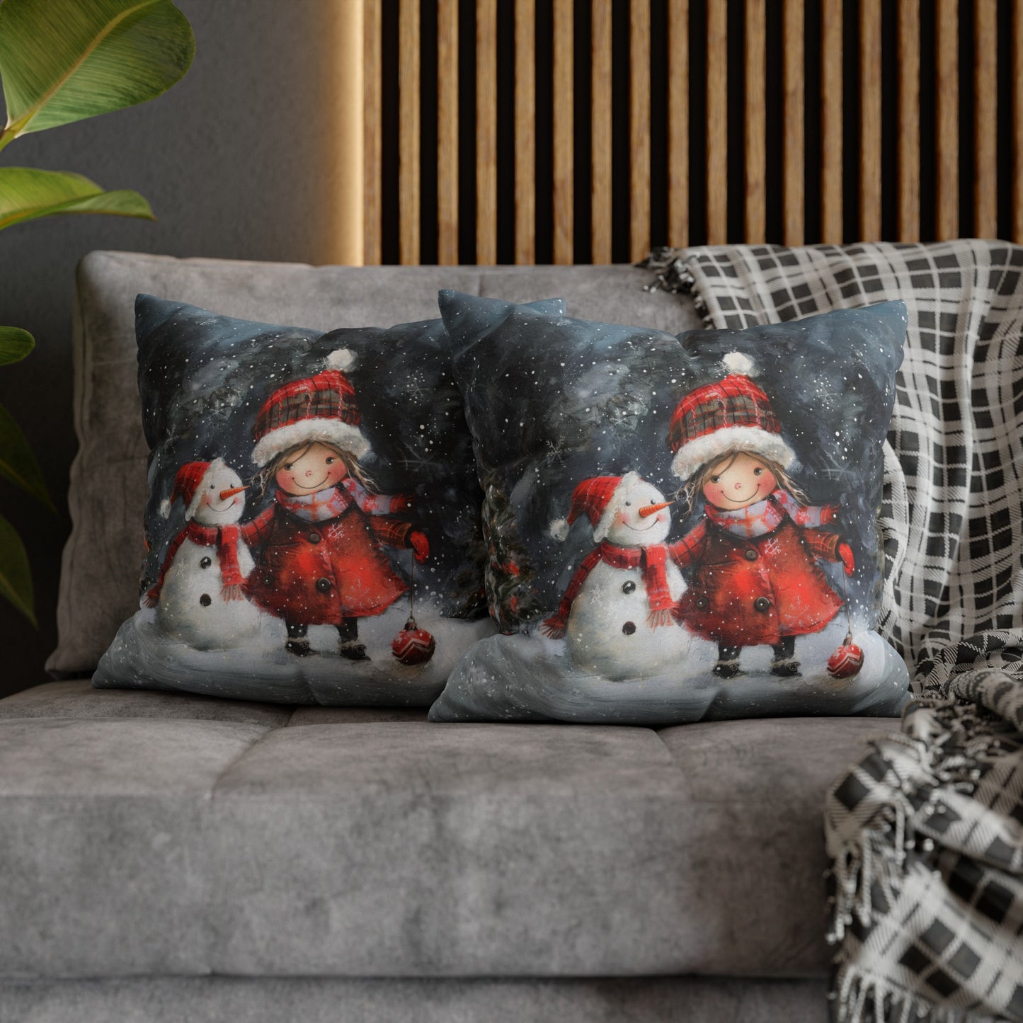 Frosty Friends: Little Girl Standing with Snowman on a Snowy Night Spun Polyester Square Pillowcase 4 Sizes