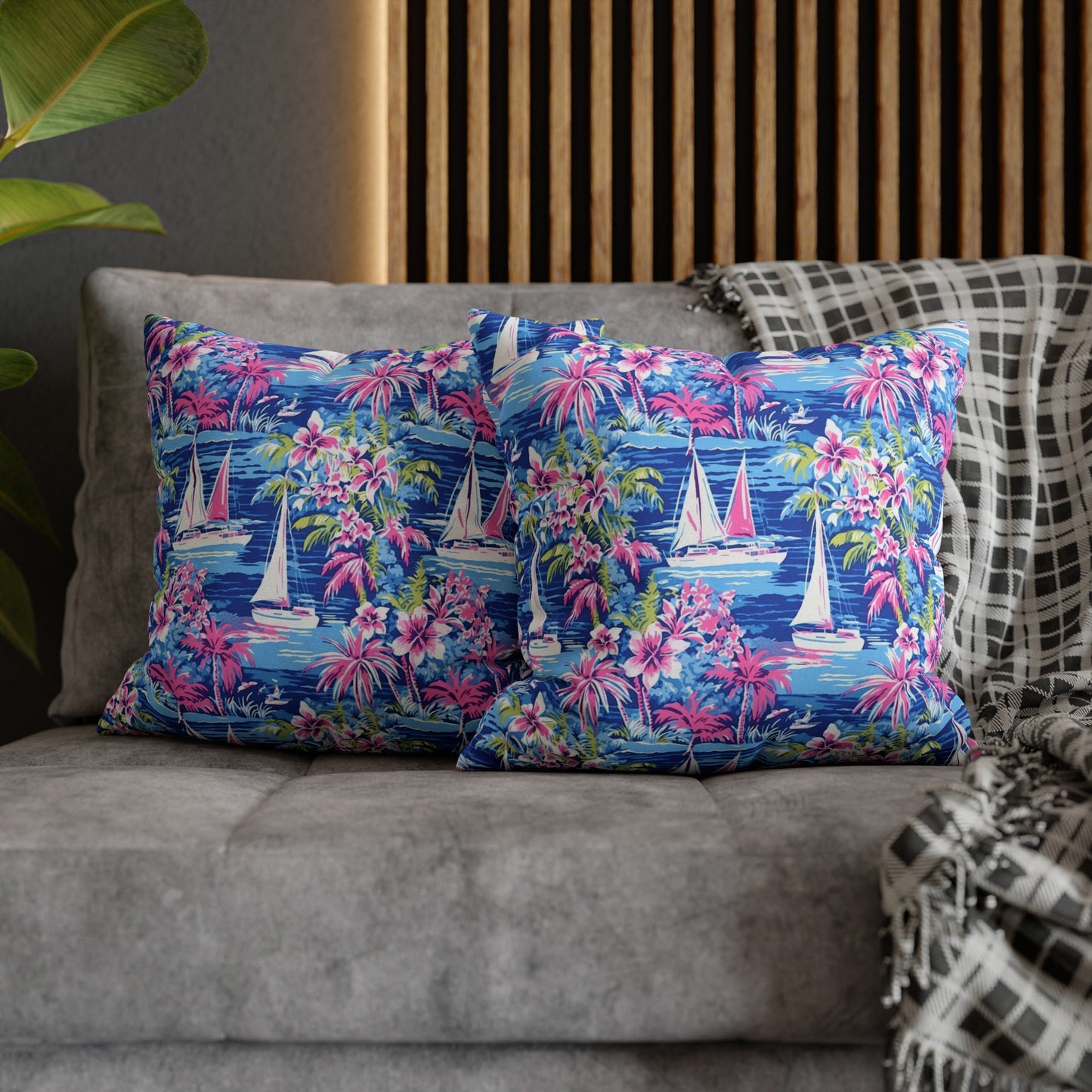 Sailing Tropics: Watercolor Sailboats Amidst Ocean Waves, Tropical Flowers, and Palm Trees Spun Polyester Square Pillowcase 4 Sizes