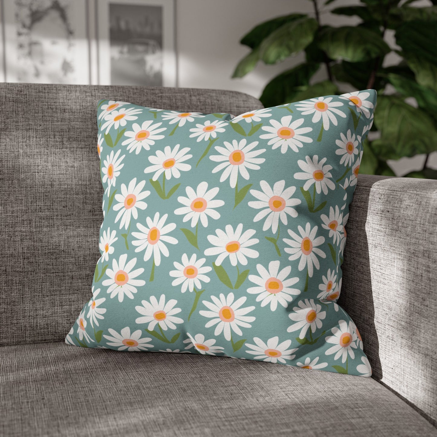 Cheerful Bright Daisy on Pastel Green Spun Polyester Square Pillowcase 4 Sizes