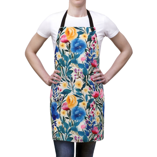 Blooming Brilliance: Large Watercolor Floral Design in Blue, Yellow, and Pink - Kitchen Chef Apron