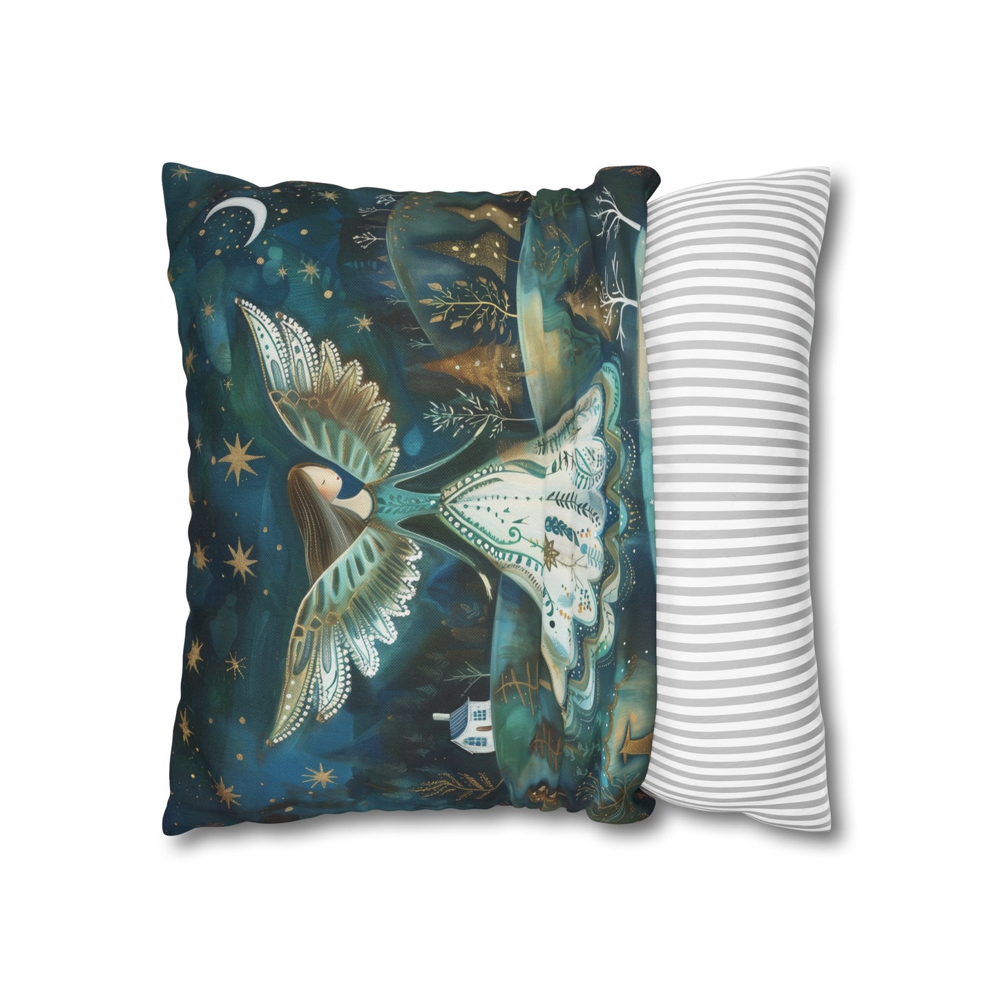 Starry Serenade: Angel in Flowing Dress Amidst a Starry Night Spun Polyester Square Pillowcase 4 Sizes