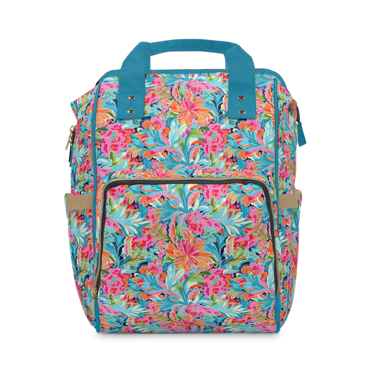 Tropical Radiance: Bursting Summer Blooms in Teal, Orange, and Pink Multifunctional Diaper Backpack