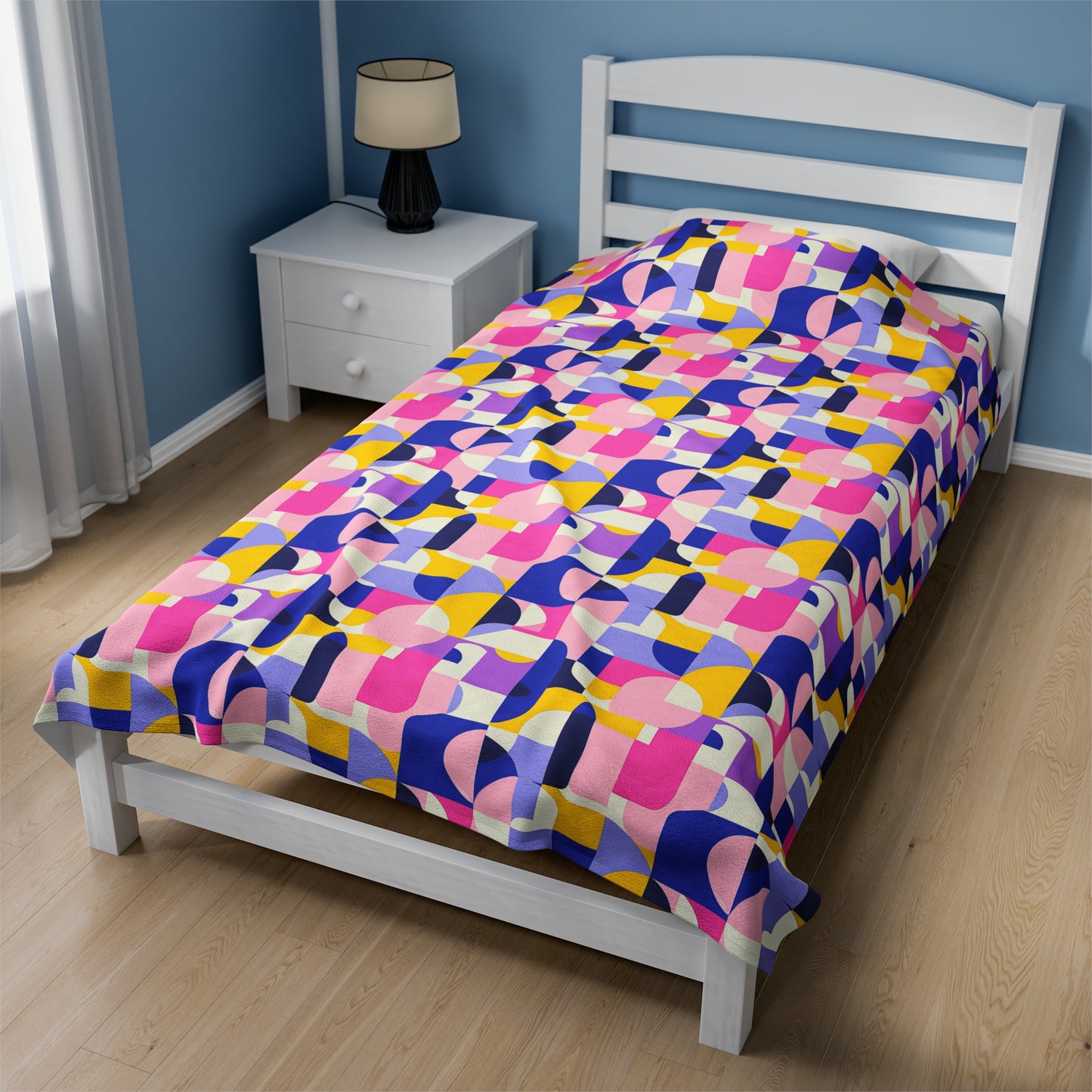 Vibrant Pink, Blue Yellow Color Block Geometric Shapes Velveteen Plush Blanket 3 Sizes