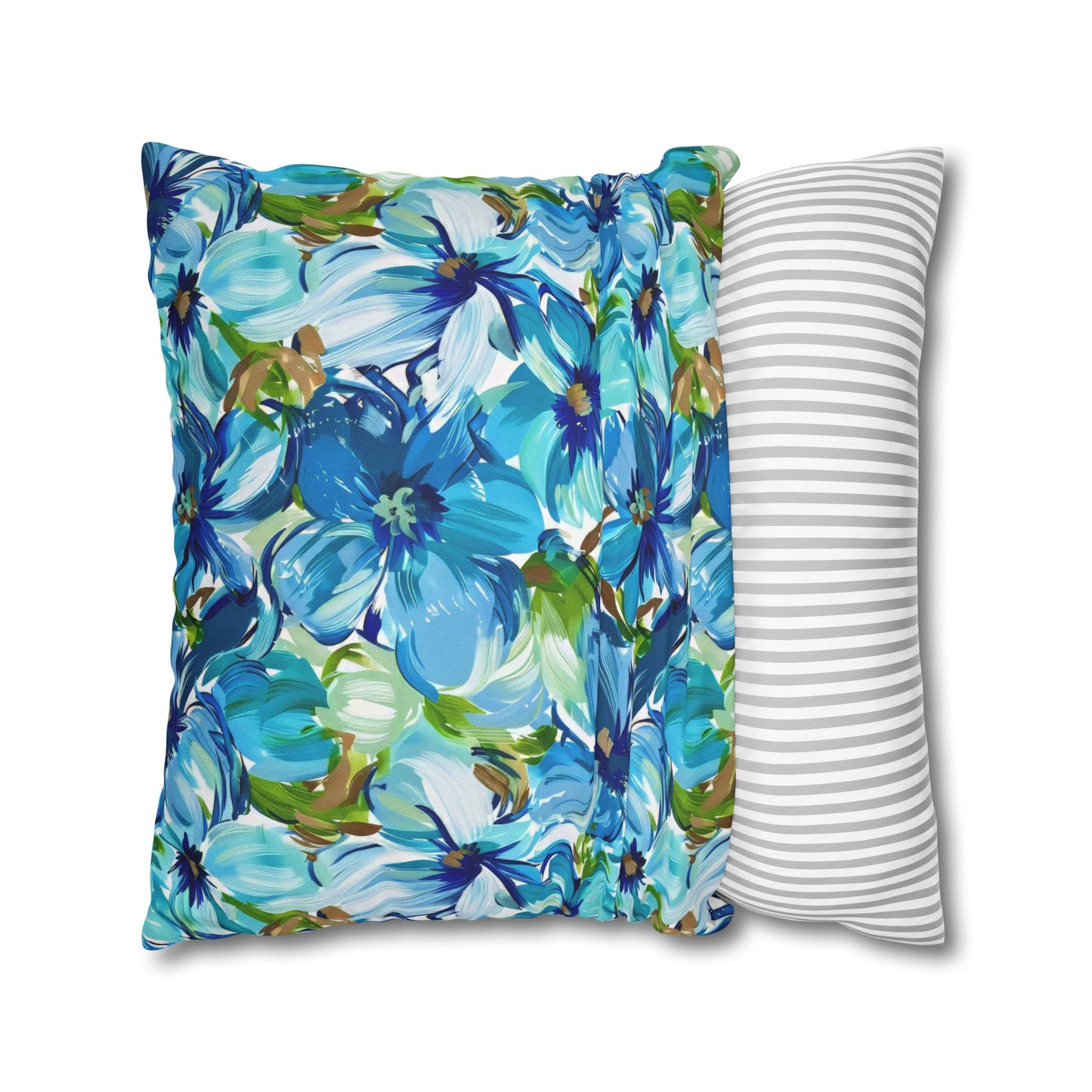 Large Blue Watercolor Flowers with Gentle Accents of Brown and Green Spun Polyester Square Pillowcase 4 Sizes