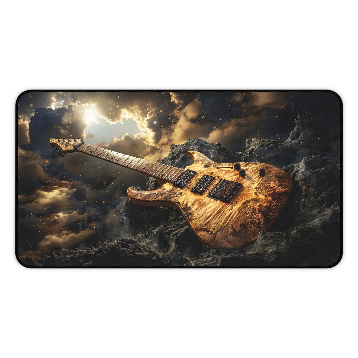 Golden Gilded Electric Guitar with Heavenly Clouds and Sun Desk Mat Extended Gaming Mouse Pad - 3 Sizes