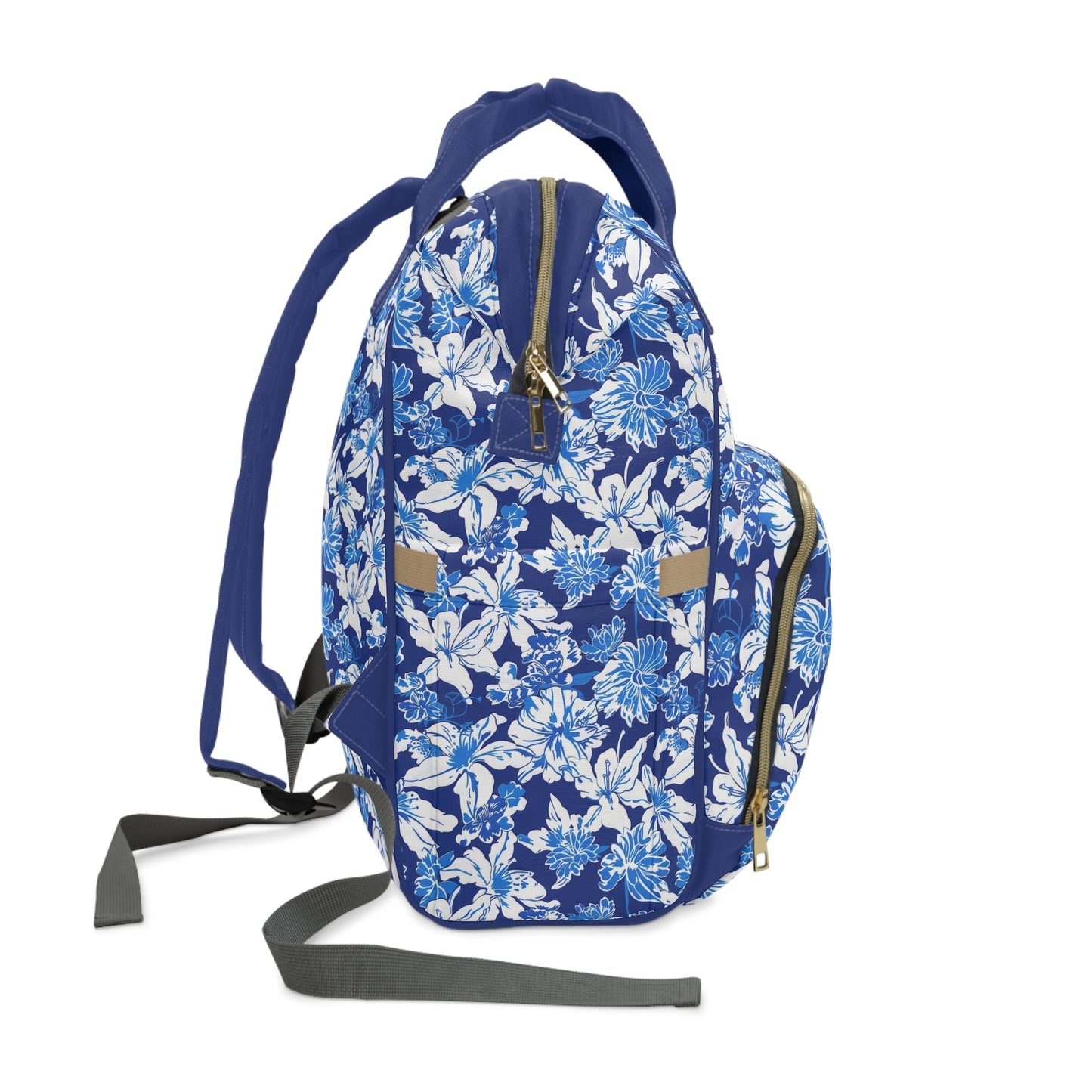 Oceanic Bloom: Watercolor Tropical Flowers in White and Blue against a Deep Blue Background Multifunctional Diaper Backpack