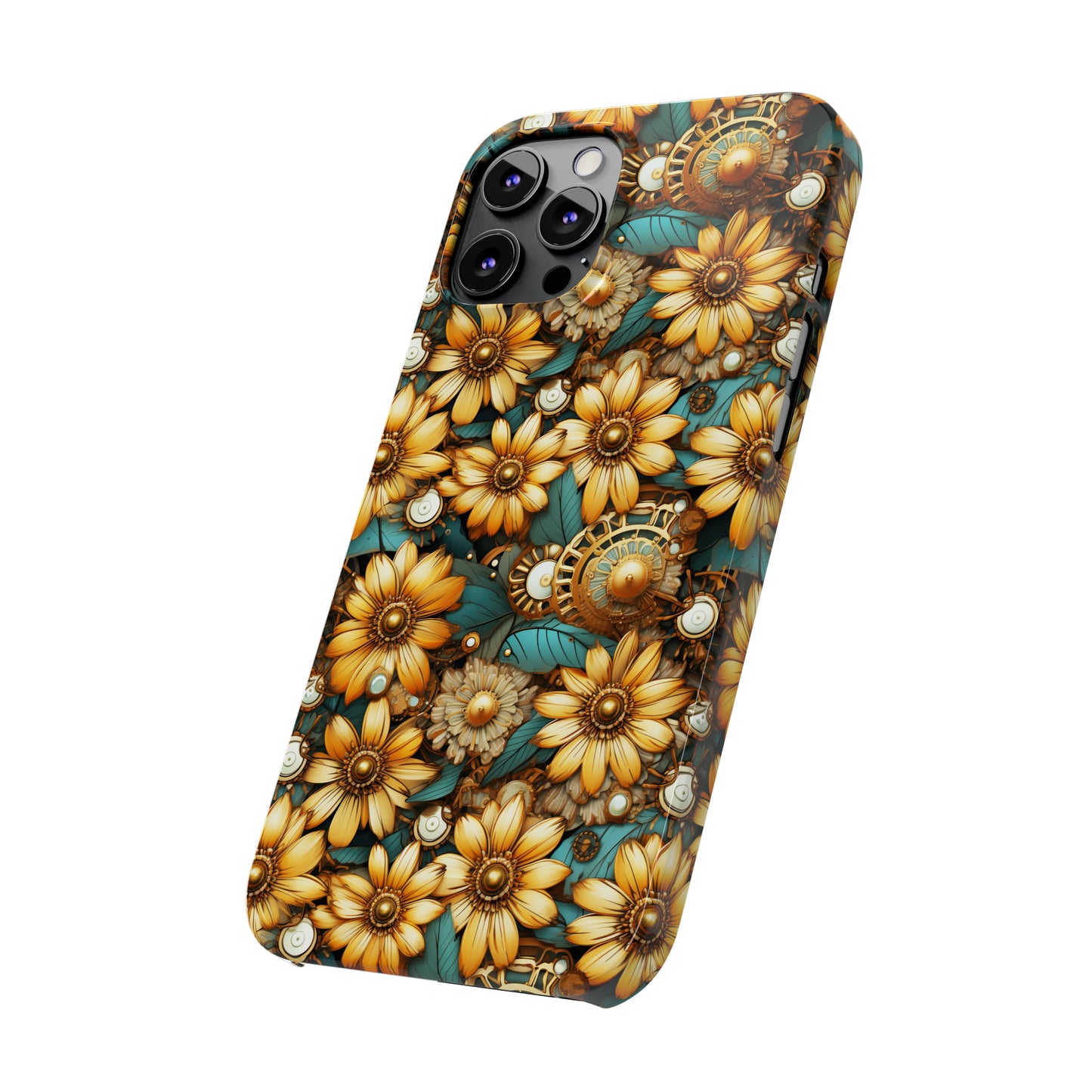 Victorian Steampunk Gold Flowers Teal Background with Gears and Mechanical Elements Iphone 15-12 Slim Phone Case