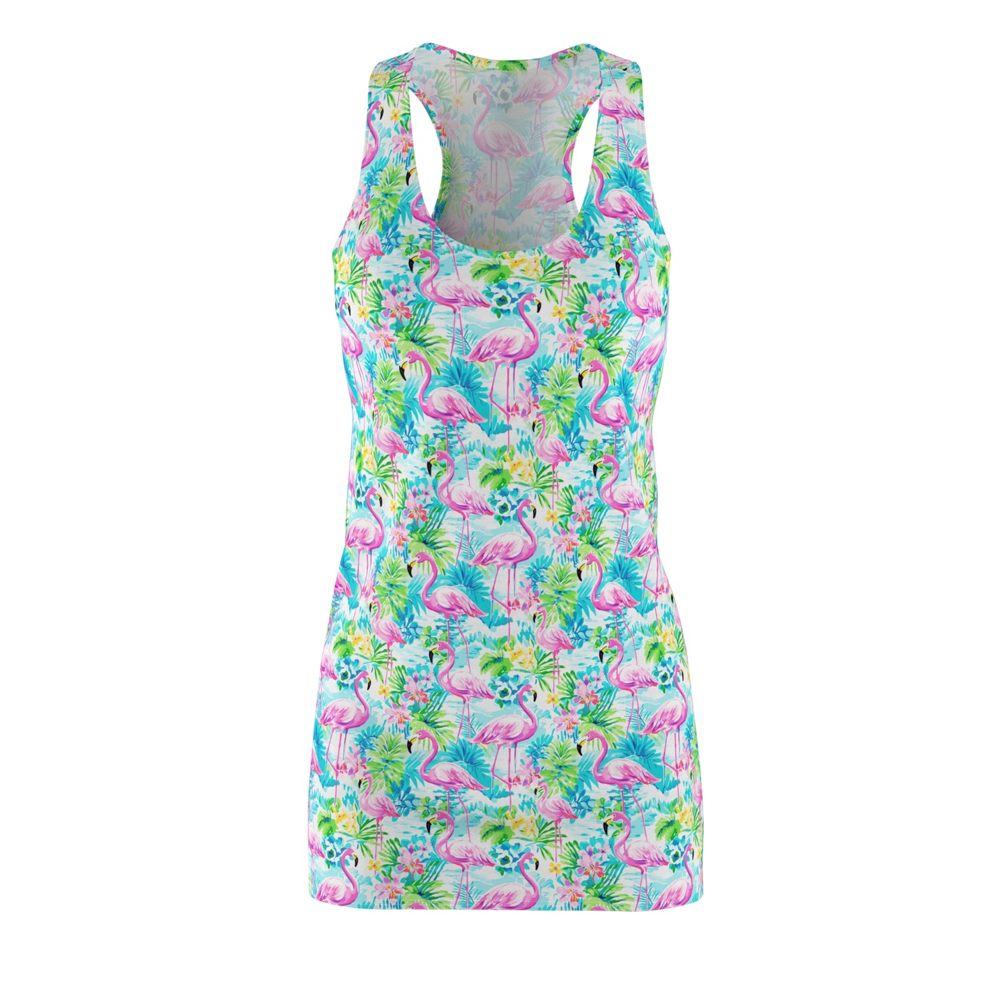 Tropical Flamingo Haven: Surrounded by Flowers and Palm Trees Women's Racerback Dress XS - 2XL