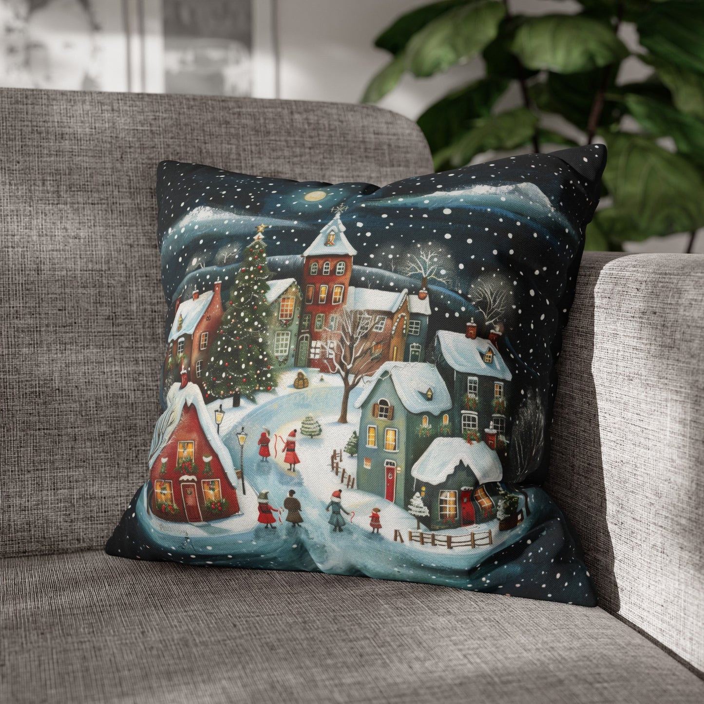 Midnight Magic: Winter Town Aglow with Christmas Decorations and Tree Spun Polyester Square Pillowcase 4 Sizes