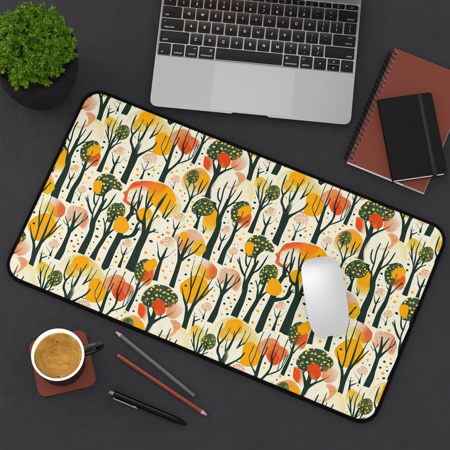 Enchanted Forest of Yellow and Orange Trees on a Speckled Cream Background Extended Gaming Mouse Pad Desk Mat - 3 Sizes