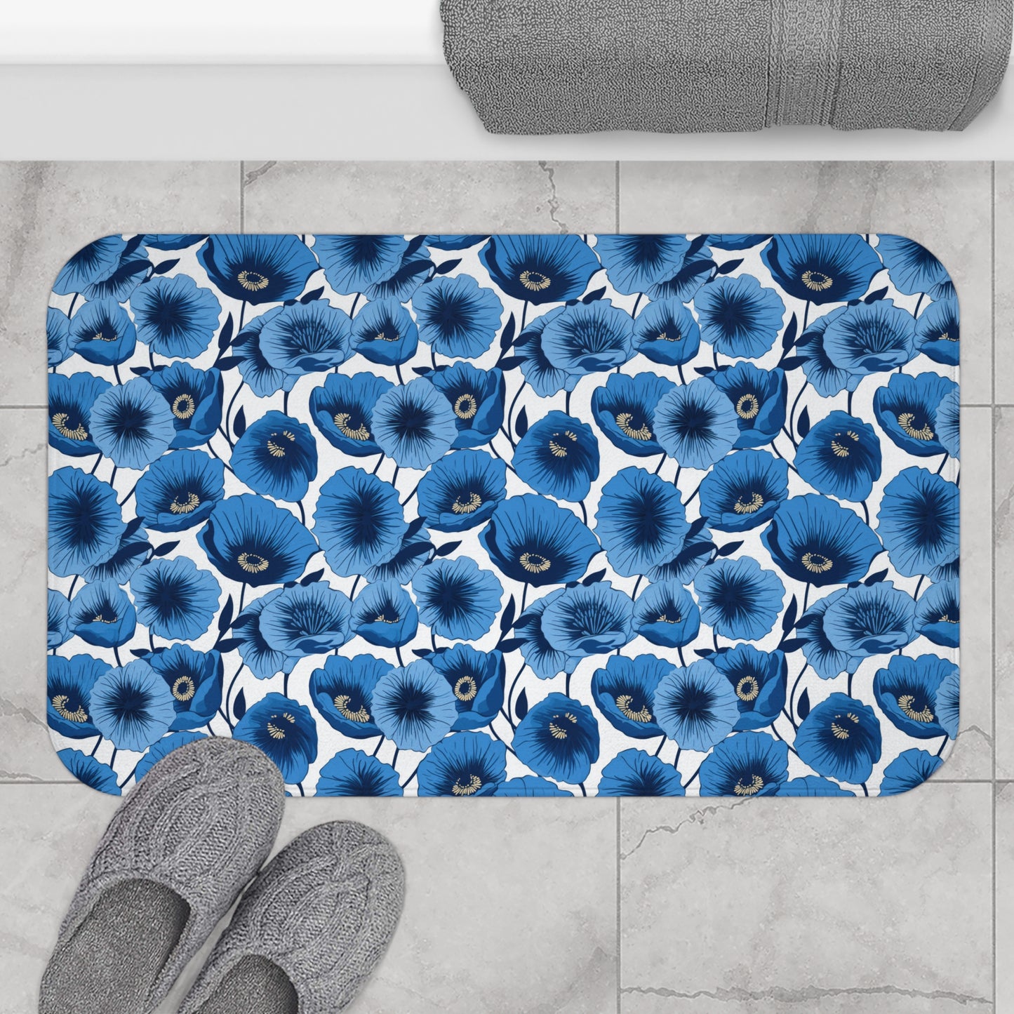 Vivid Blooms Bright Blue Poppies Design  - Bathroom Non-Slip Mat 2 Sizes