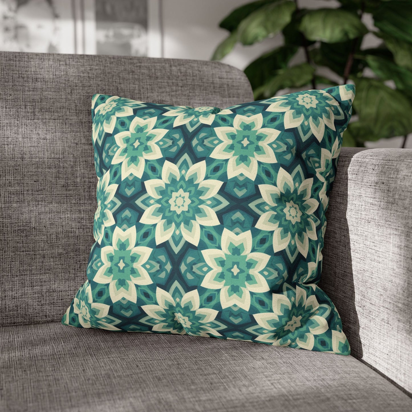 Intricate Aqua and Teal Mandala Floral Pattern Spun Polyester Square Pillowcase 4 Sizes