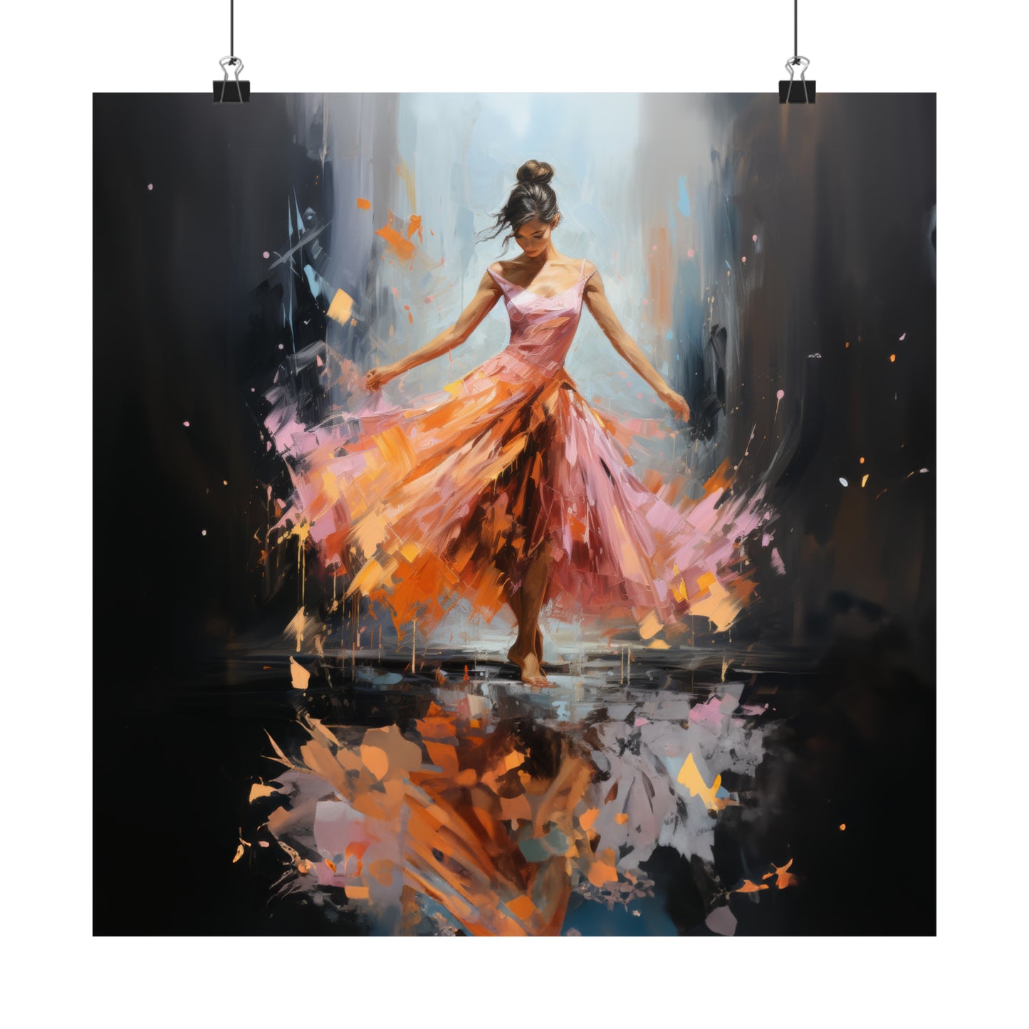 Swirling Splendor: Ballerina in Orange and Pink Dress Dancing Amidst the Reflecting Rain Print on Matte Poster - 11 Sizes