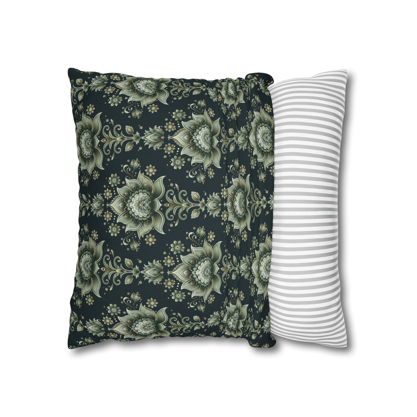 Ornate Green Mandala with Golden Accents on Dark Background Polyester Square Pillowcase 4 Sizes