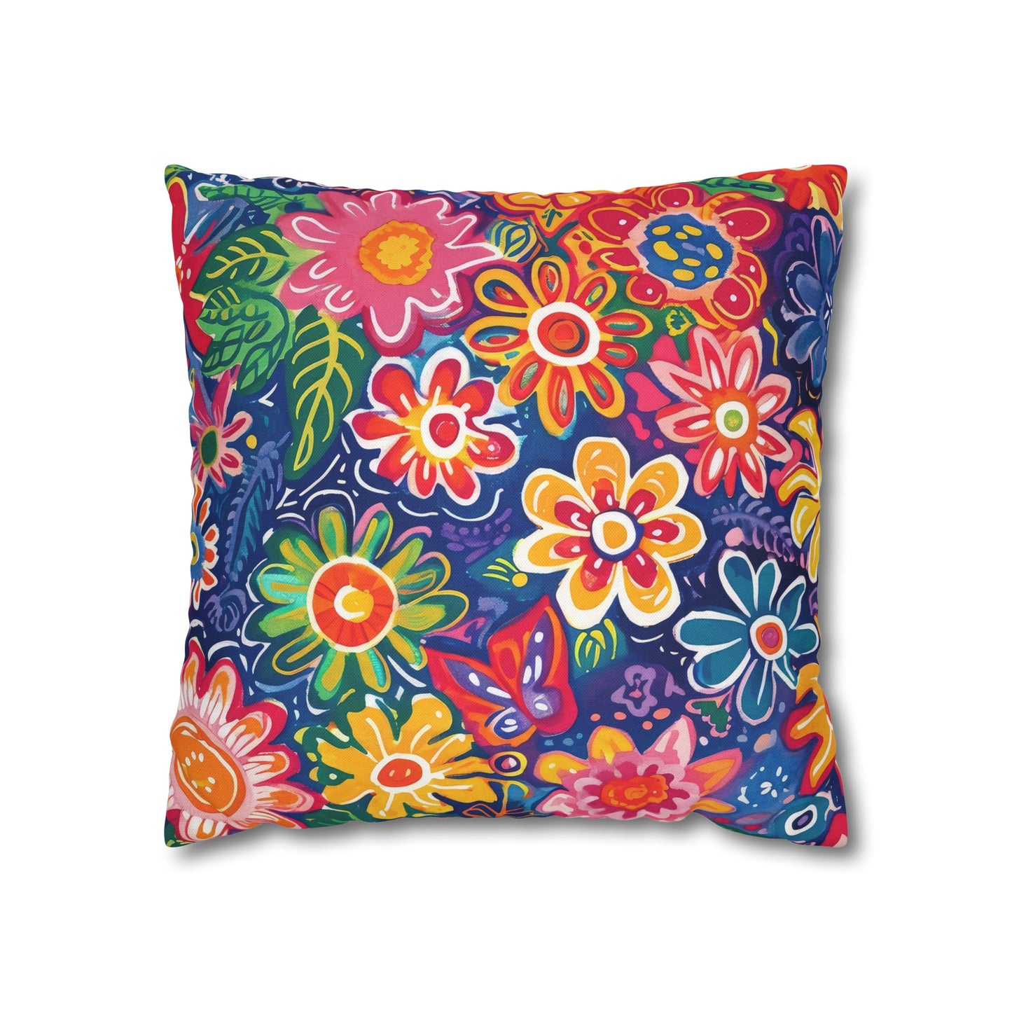 Fluttering Kaleidoscope: Vibrant Multicolor Flowers and Butterflies in Flight Spun Polyester Square Pillowcase 4 Sizes