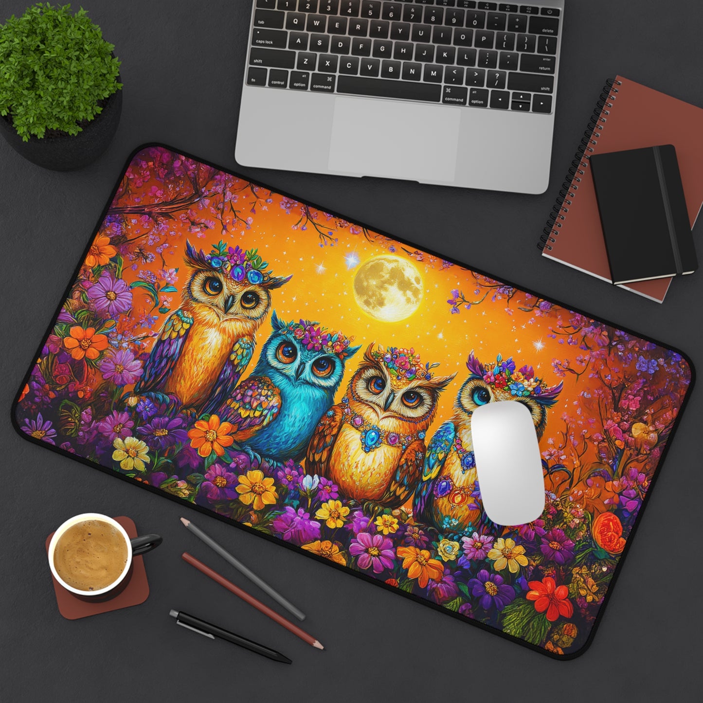 Enchanted Owls Adorned with Floral Crowns Under a Starry Sky Extended Gaming Mouse Pad  Desk Mat  - 3 Sizes