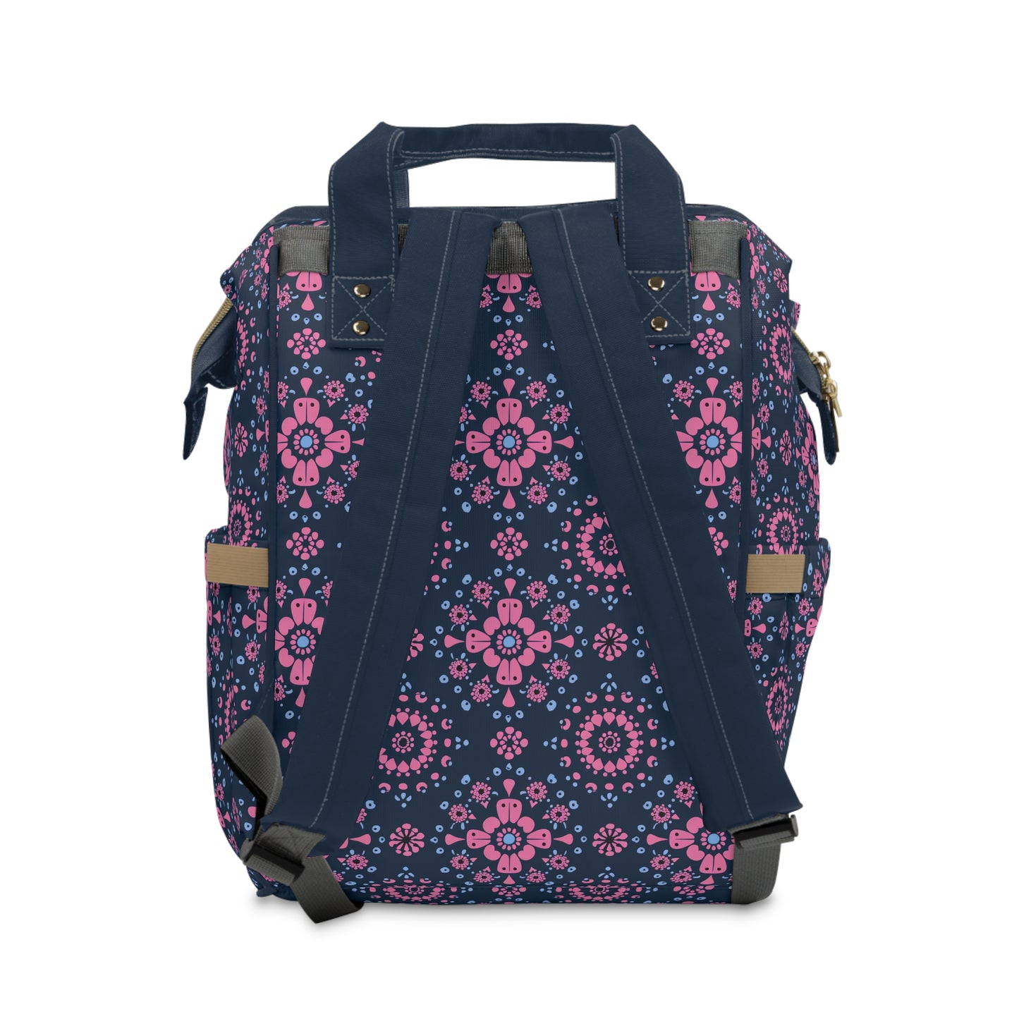 Midnight Garden in Pink and Blue Floral Mandala Pattern on Navy Multifunctional Diaper Backpack