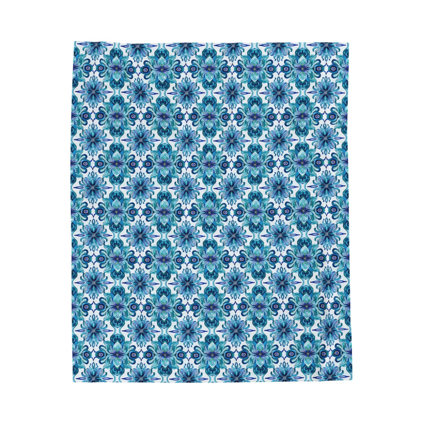 Blossom Symphony of Blue Teal Intricate Floral Pattern Velveteen Plush Blanket 3 Sizes