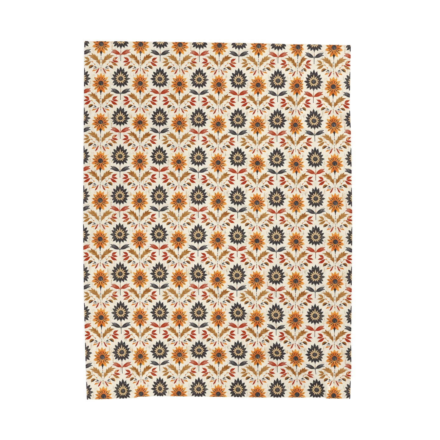 Autumn-Inspired Bohemian Floral Pattern Burnt Orange, Deep Brown and Creamy Beige Velveteen Plush Blanket 3 Sizes