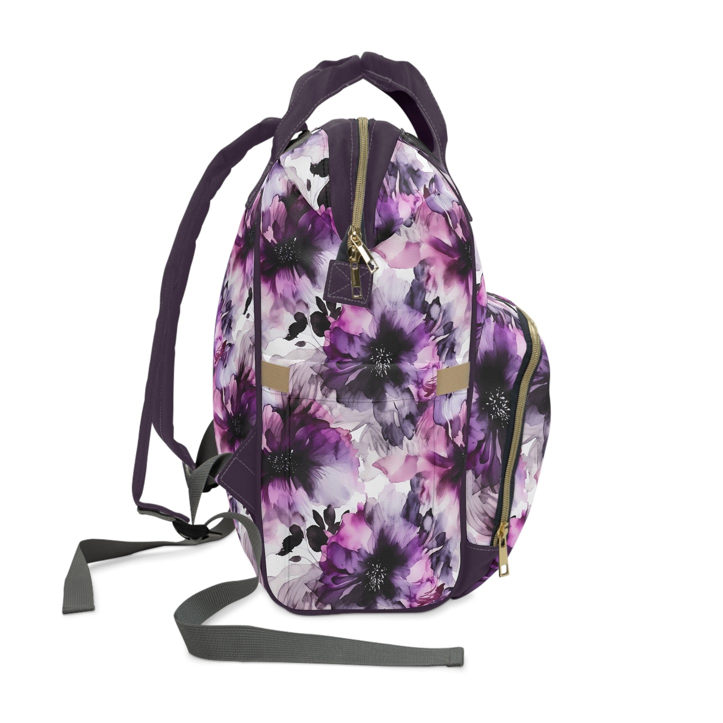 Regal Splendor: Large Purple and Grey Watercolor Flower Design Multifunctional Diaper Backpack