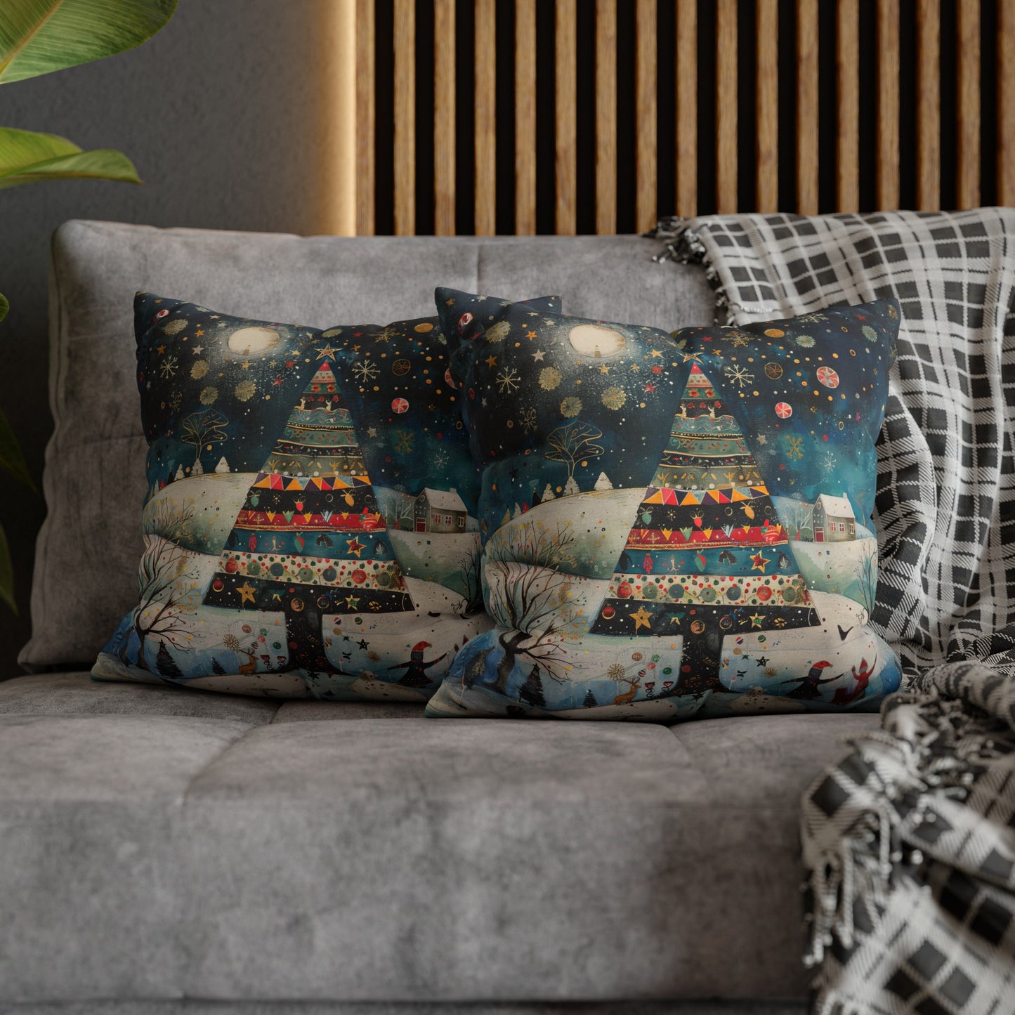 Nighttime Delights: Folk Art Christmas Tree Illuminating a Town, with Joyful Children Playing Below Spun Polyester Square Pillowcase 4 Sizes