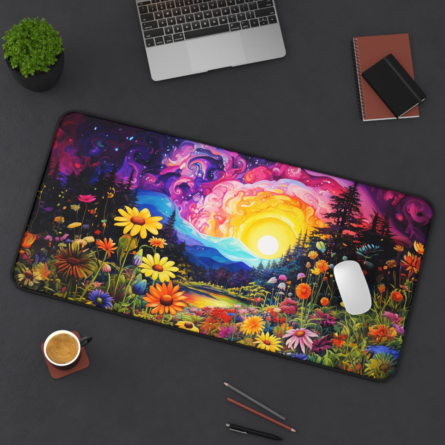 Enchanting Sunrise Over a Whimsical Field of Wildflowers - Desk Mat Extended Gaming Mouse Pad 3 Sizes