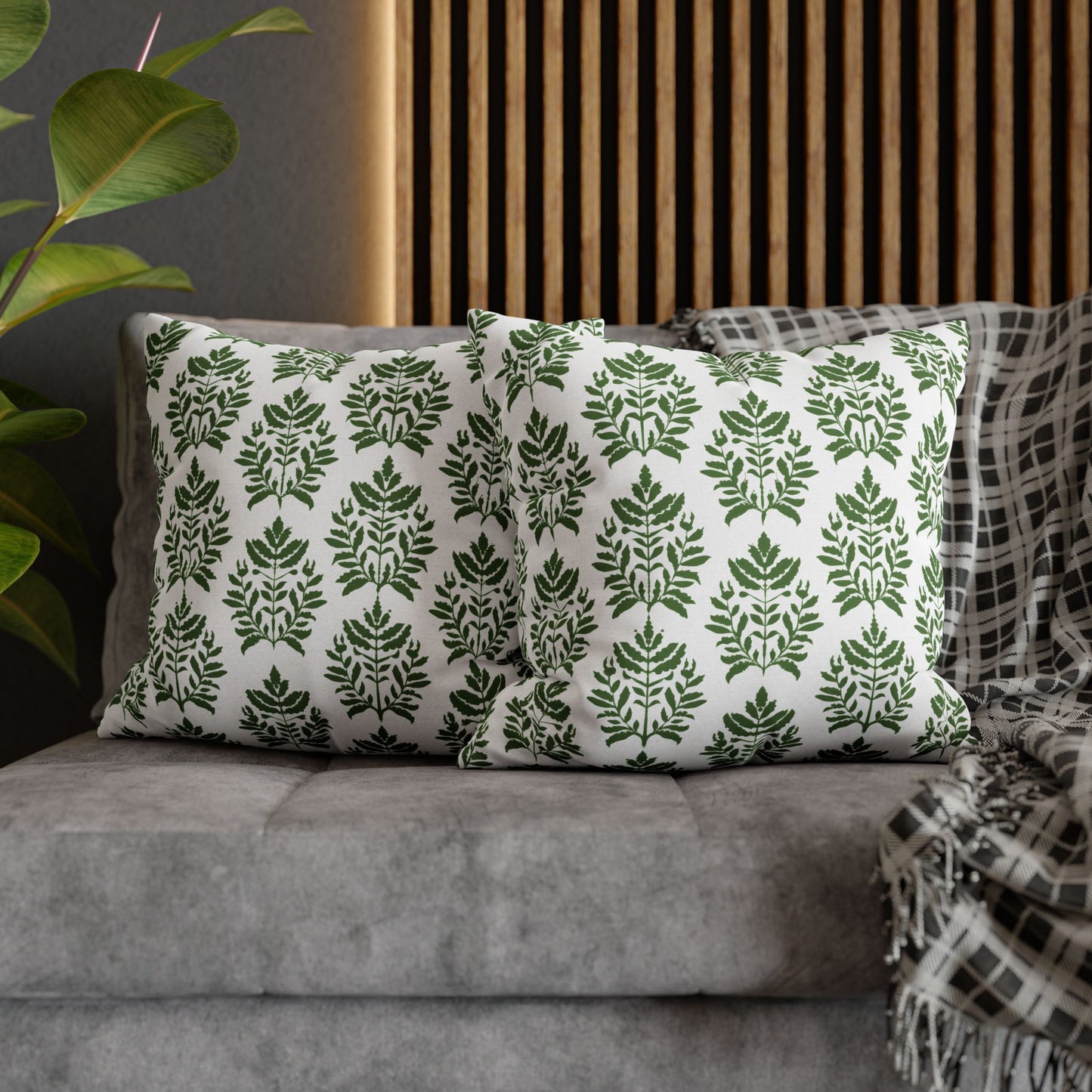 Verdant Harmony in Elegant Green Botanical Block Print Pattern Spun Polyester Square Pillowcase 4 Sizes