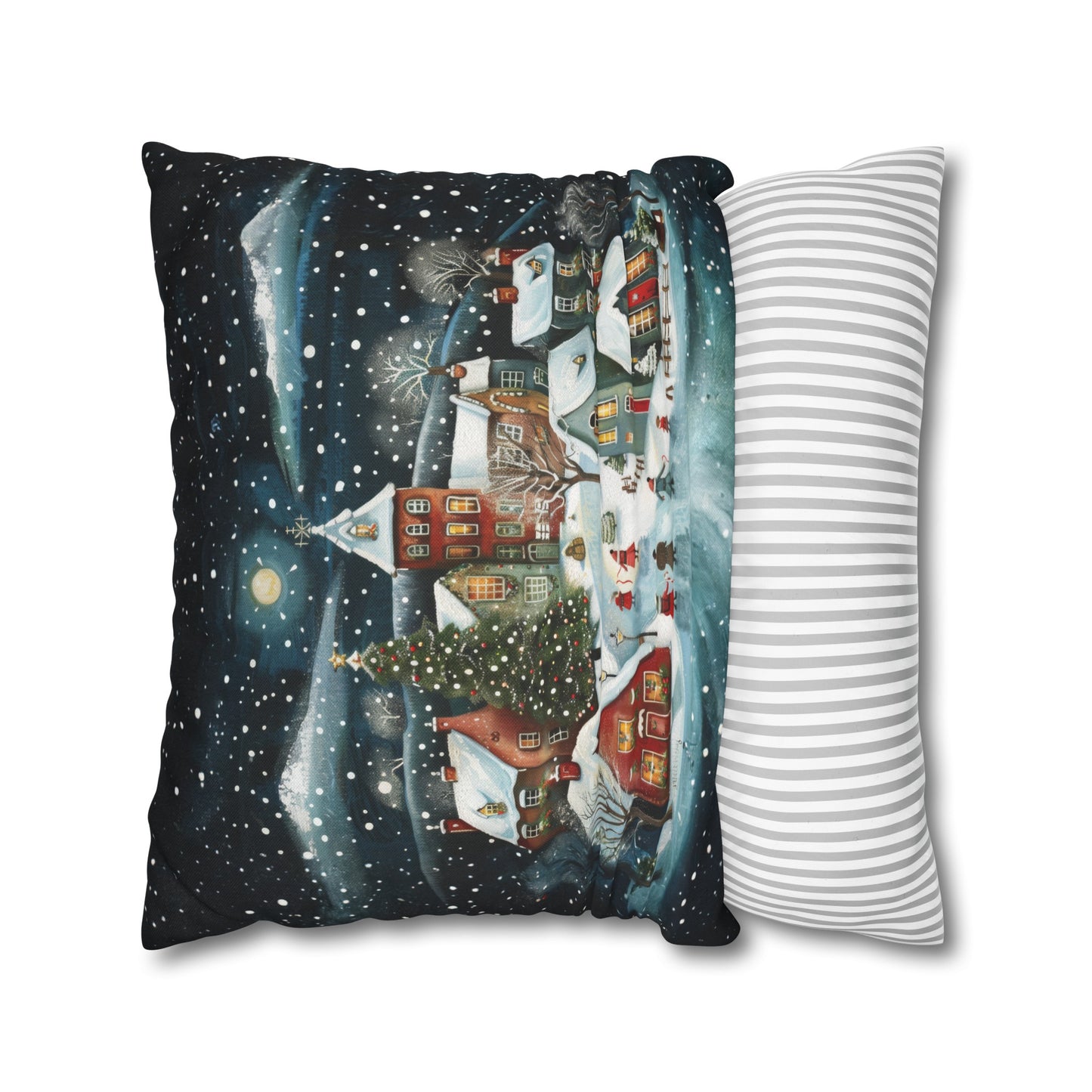 Midnight Magic: Winter Town Aglow with Christmas Decorations and Tree Spun Polyester Square Pillowcase 4 Sizes