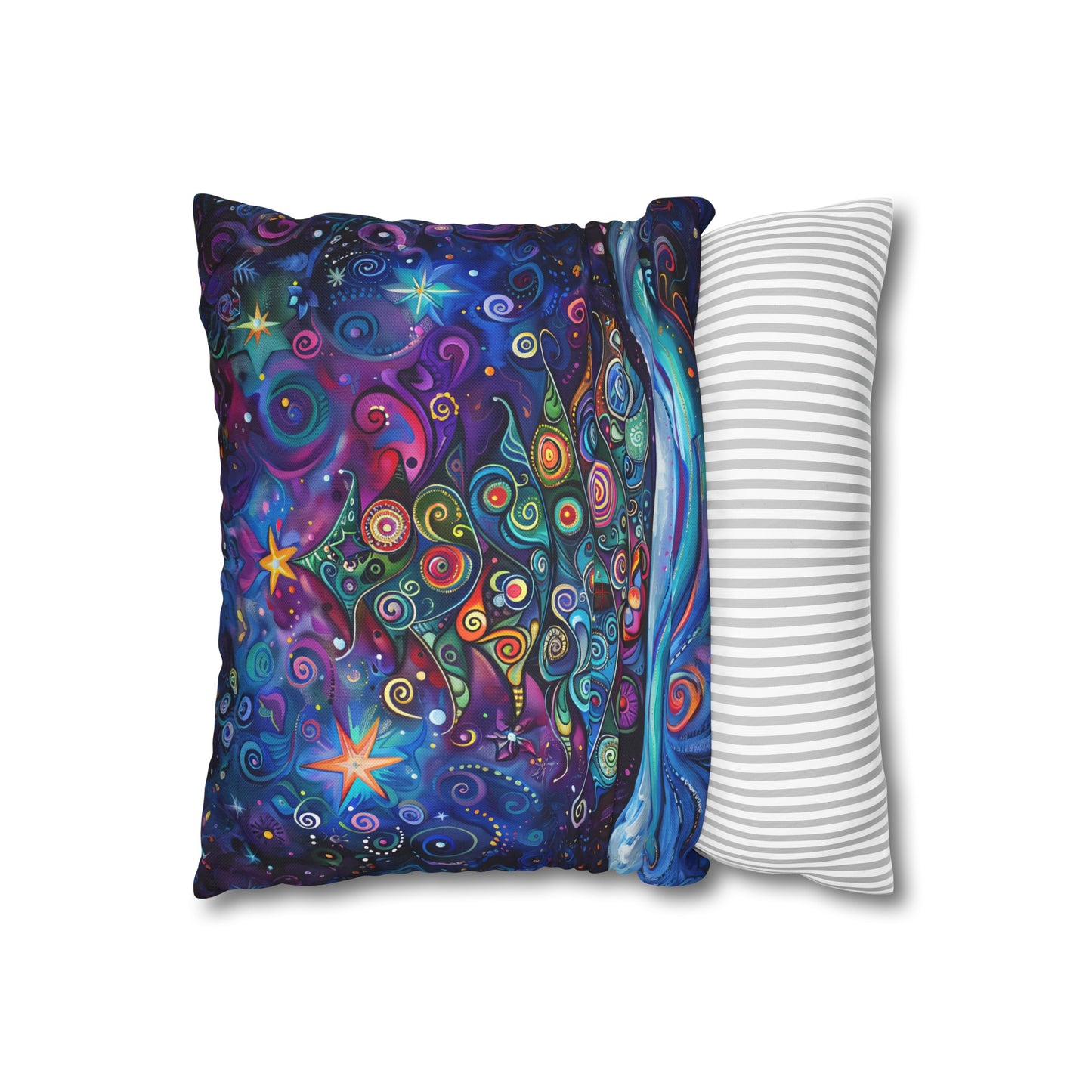 Christmas Tree in Magical Purple Hues, Sparkling Amidst Vibrant Stars Spun Polyester Square Pillowcase 4 Sizes