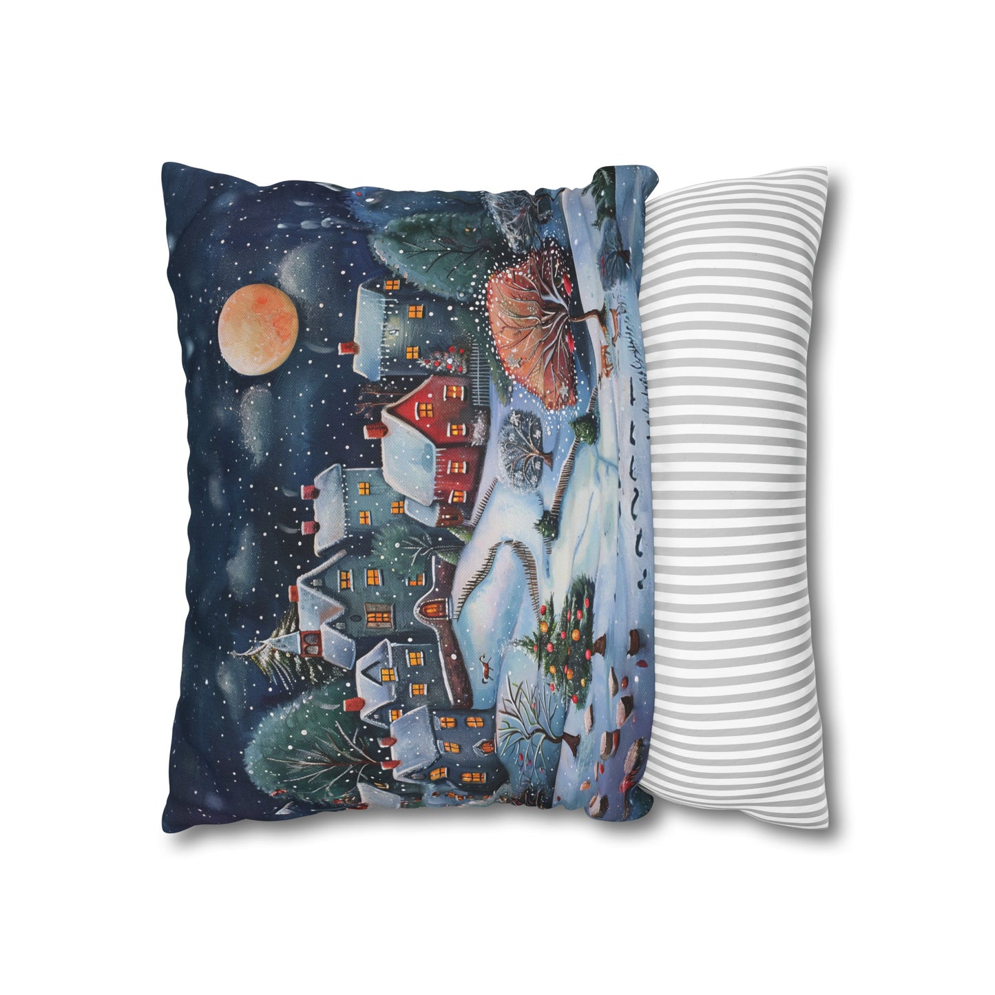 Snowy Serenade: Town at Winter Night with Reindeer Amidst the Snow  Spun Polyester Square Pillowcase 4 Sizes